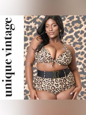 Unique Vintage Leopard Print High Waist Belted Bikini Swimsuit Set, 1X, NWT!